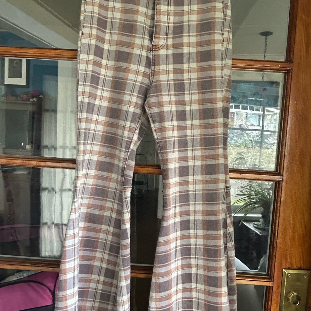 Free People Plaid Flare Pants in Purple and Cream - Picture 3 of 4
